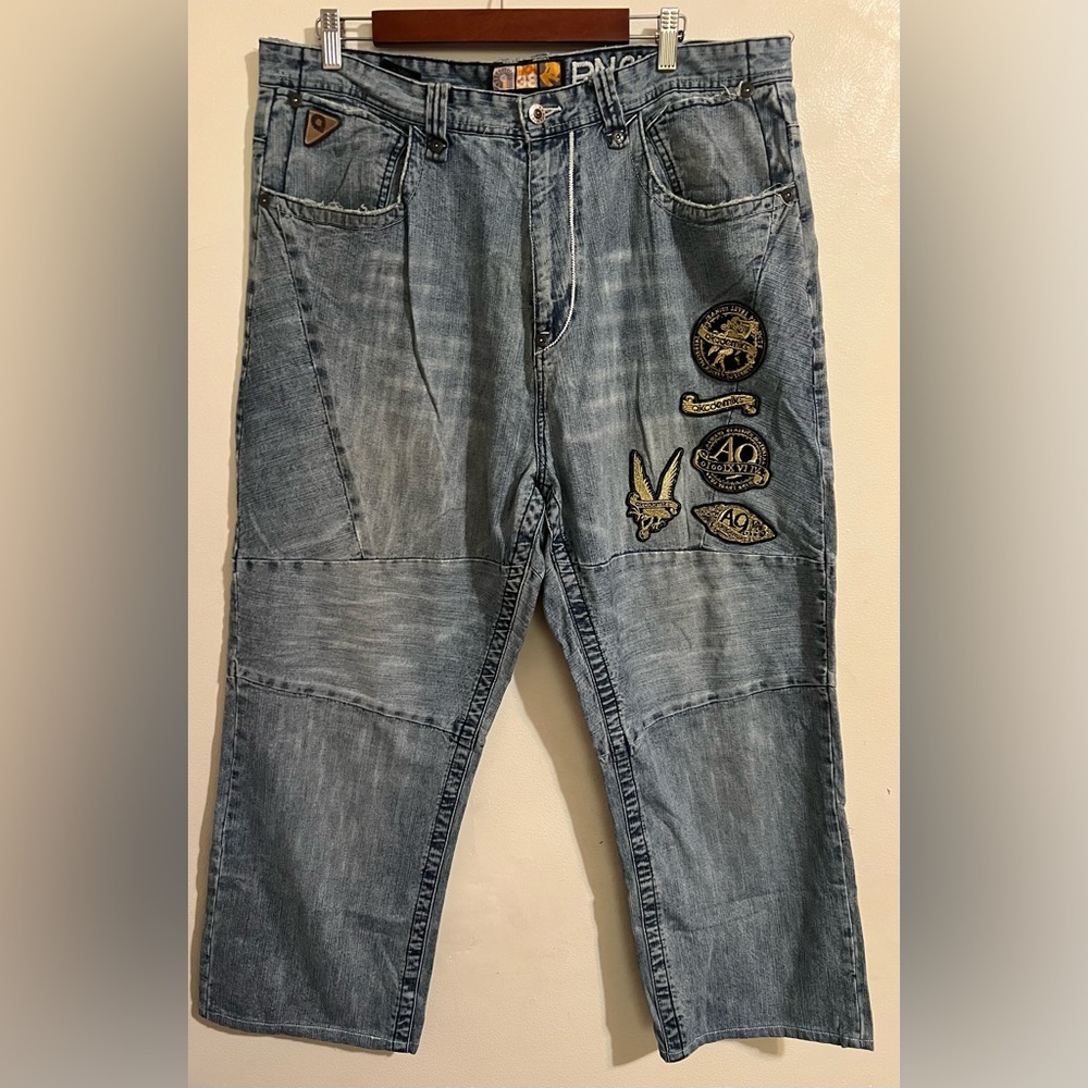 Akademiks Light Blue Patchwork Relaxed Jeans with Badge Embroidery